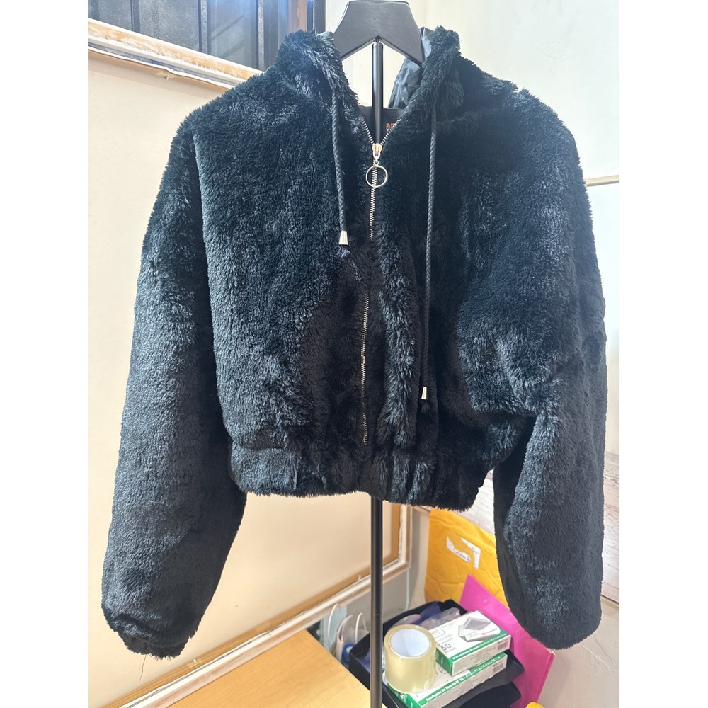 Ambiance Outerwear Blk Faux Fur Hooded Cropped Jacket Womens Large Zip Up O-Ring